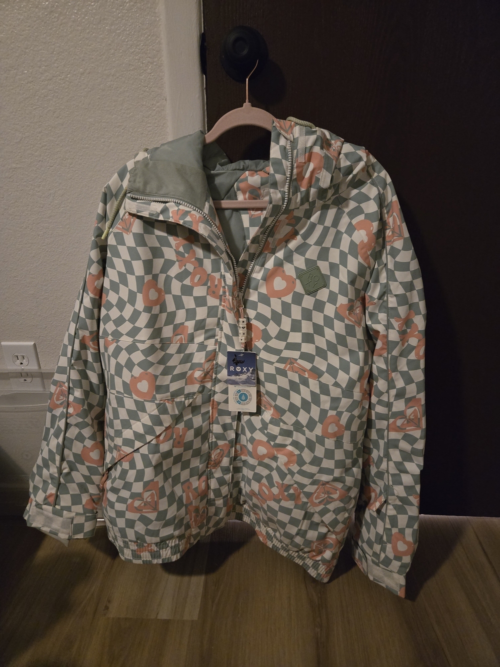 Roxy Womens' Checker Print Hooded Jacket - Sage & Peach